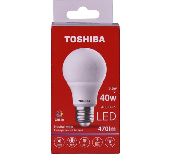 Светодиодная лампа TOSHIBA LED A60 груша 5,5W аналог 40Вт/470Лм нейтральный свет 4000K цоколь стандартный Е27 драйвер IC 00101315912A