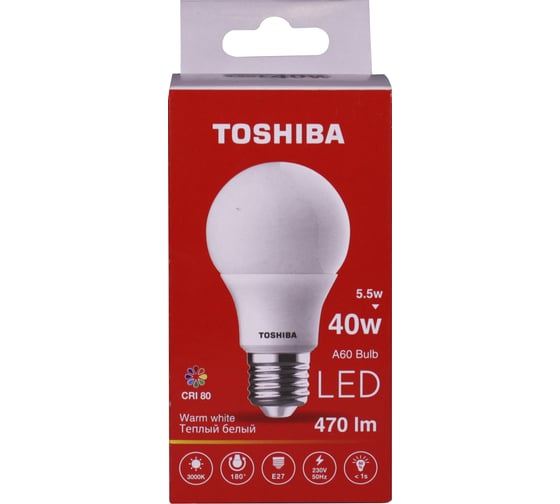 Светодиодная лампа TOSHIBA LED A60 груша 5,5W аналог 40Вт/470Лм теплый свет 3000K цоколь стандартный Е27 драйвер IC 00101315948A