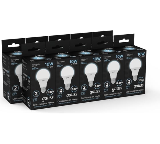 Лампа Gauss A60 AC12-36V 10W 860lm 4100K E27 LED 1/10/100 202502210