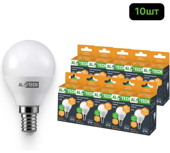 Лампочка светодиодная ALTECH LED G45-10W-830-Е14 10Вт шарик теплый белый свет 10шт 4673758071521 1