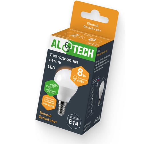 Лампочка светодиодная ALTECH LED G45-8W-830-Е14 8Вт шарик теплый белый свет 10шт 4673758071484