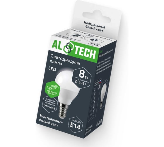 Лампочка светодиодная ALTECH LED G45-8W-840-Е14 8Вт шарик нейтральный белый свет 10шт 4673758071491