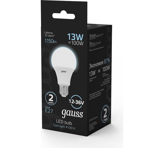 Лампа Gauss A60 AC12-36V 13W 1150lm 4100K E27 LED 202502213