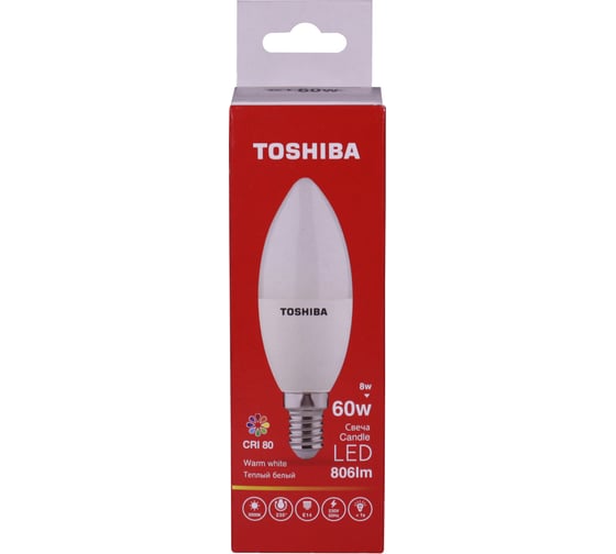 Светодиодная лампа TOSHIBA LED C39 свеча 8W аналог 60Вт/806Лм теплый свет 3000K цоколь малый Е14 драйвер IC 00501315919A
