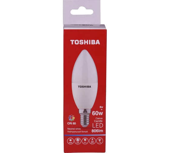 Светодиодная лампа TOSHIBA LED C39 свеча 8W аналог 60Вт/806Лм нейтральный свет 4000K цоколь малый Е14 драйвер IC 00501315920A