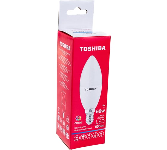 Светодиодная лампа TOSHIBA LED C39 свеча 8W аналог 60Вт/806Лм нейтральный свет 4000K цоколь малый Е14 драйвер IC 00501315920A