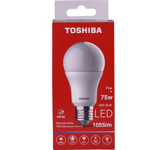 Светодиодная лампа TOSHIBA LED A60 груша 11W аналог 75Вт/1055Лм нейтральный свет 4000K цоколь стандартный Е27 драйвер IC 00101315915A