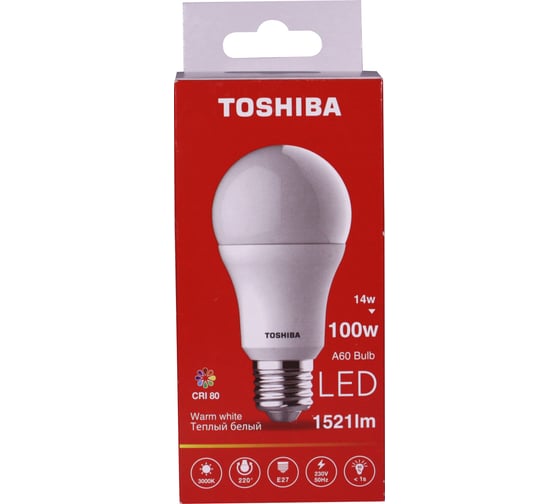 Светодиодная лампа TOSHIBA LED A60 груша 14W аналог 100Вт/1521Лм теплый свет 3000K цоколь стандартный Е27 драйвер IC 00101315916A