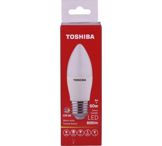Светодиодная лампа TOSHIBA LED C39 свеча 8W аналог 60Вт/806Лм теплый свет 3000K цоколь стандартный Е27 драйвер IC 00501315923A