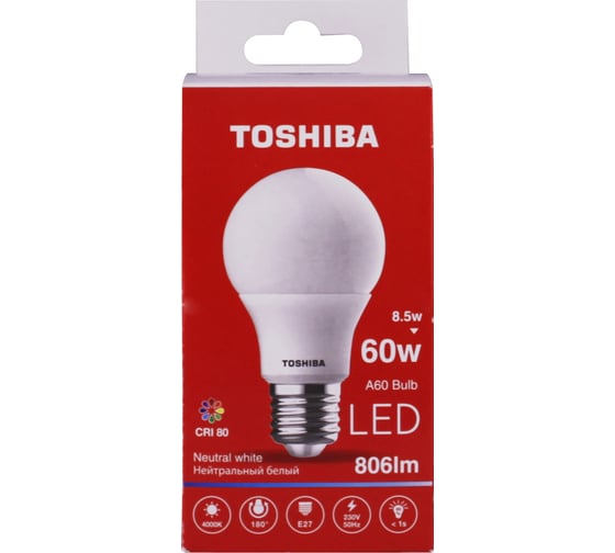 Светодиодная лампа TOSHIBA LED A60 груша 8,5W аналог 60Вт/806Лм нейтральный свет 4000K цоколь стандартный Е27 драйвер IC 00101315914A