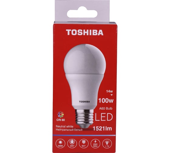 Светодиодная лампа TOSHIBA LED A60 груша 14W аналог 100Вт/1521Лм нейтральный свет 4000K цоколь стандартный Е27 драйвер IC 00101315917A