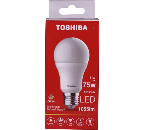 Светодиодная лампа TOSHIBA LED A60 груша 11W аналог 75Вт/1055Лм теплый свет 3000K цоколь стандартный Е27 драйвер IC 00101315949A