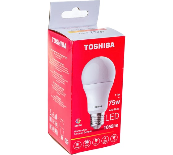 Светодиодная лампа TOSHIBA LED A60 груша 11W аналог 75Вт/1055Лм теплый свет 3000K цоколь стандартный Е27 драйвер IC 00101315949A