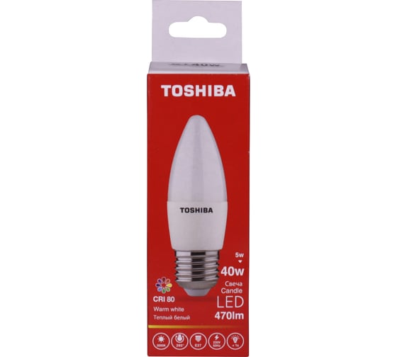 Светодиодная лампа TOSHIBA LED C35 свеча 5W аналог 40Вт/470Лм теплый свет 3000K цоколь стандартный Е27 драйвер IC 00501315921A