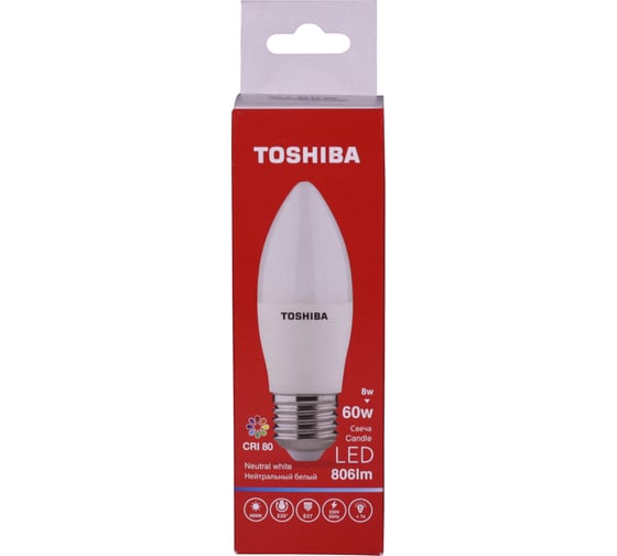Светодиодная лампа TOSHIBA LED C39 свеча 8W аналог 60Вт/806Лм нейтральный свет 4000K цоколь стандартный Е27 драйвер IC 00501315924A