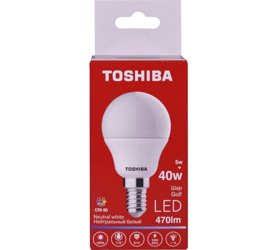 Светодиодная лампа TOSHIBA LED G45 шар 5W аналог 40Вт/470Лм нейтральный свет 4000K цоколь малый Е14 драйвер IC 01301315930A