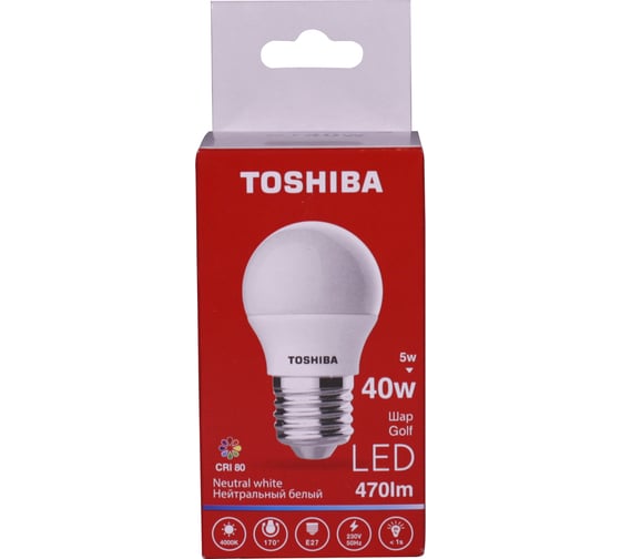 Светодиодная лампа TOSHIBA LED G45 шар 5W аналог 40Вт/470Лм нейтральный свет 4000K цоколь стандартный Е27 драйвер IC 01301315926A