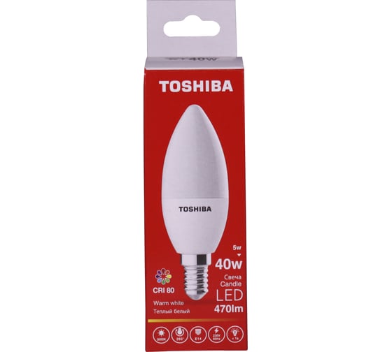 Светодиодная лампа TOSHIBA LED C35 свеча 5W аналог 40Вт/470Лм теплый свет 3000K цоколь малый Е14 драйвер IC 00501315950A