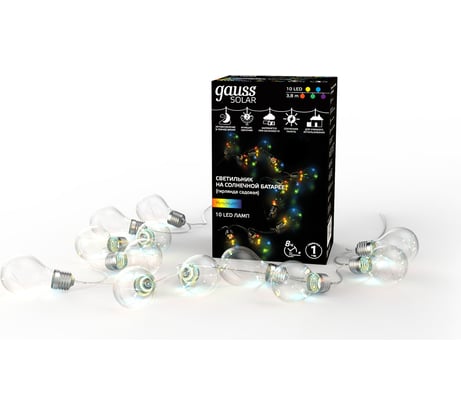 Садовая гирлянда Gauss на солнечной батарее 10 LED ламп, мультицвет Solar, GS035