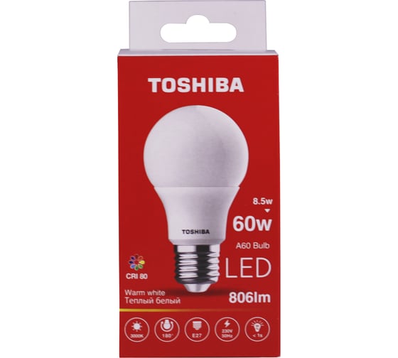 Светодиодная лампа TOSHIBA LED A60 груша 8,5W аналог 60Вт/806Лм теплый свет 3000K цоколь стандартный Е27 драйвер IC 00101315913A