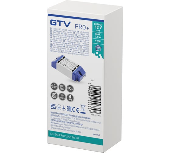 Блок питания для светодиодов GTV LED PRO+ 220/12V 12W IP 20 LD-ZASPROPLUS12W-30