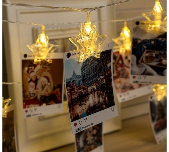 Гирлянда-нить Luazon DCR, 4.5 м, прищепки звезда, IP20, Н.С., LED-20-220V, фиксинг, теплый белый 4445725