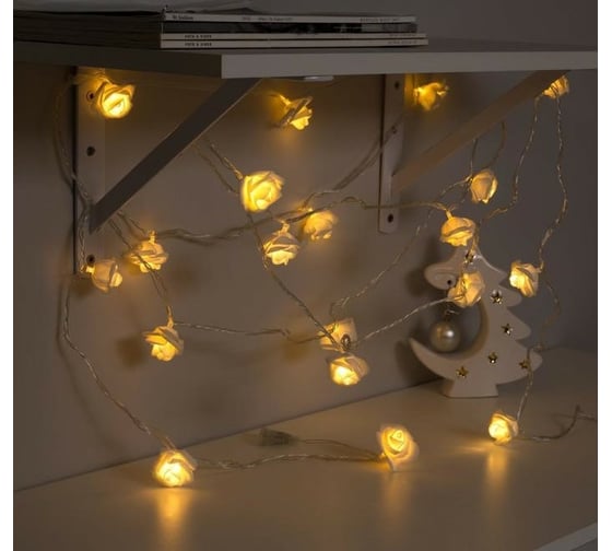 Гирлянда-нить Luazon DCR, 5 м, розы белые 7 см, IP20, Н.С., УМС вилка, 20 LED-220V, фиксинг, теплый белый 3612367