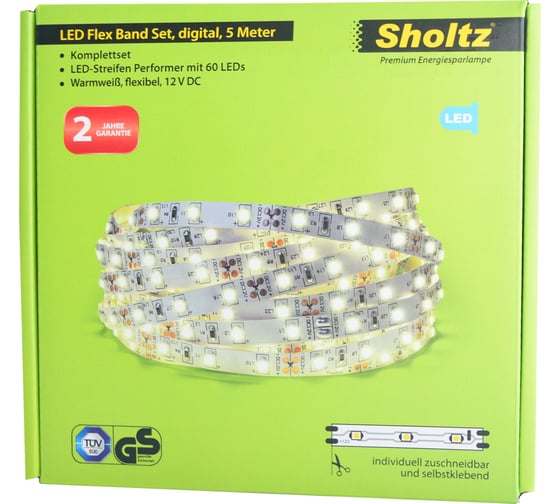 Светодиодная лента Sholtz 7,2Вт/м 12В 3000К IP65, 5м адаптер 3А пластик LSO5233