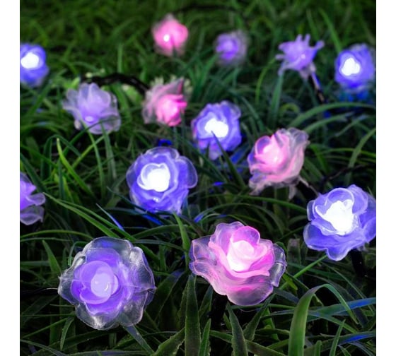 Гирлянда-нить Luazon DECOR, IP44, на солнечной батарее, Роза, 4.5 м, Н.Т. LED-30-1.2V, 2 режима, синий/фиолетовый/розовый 6253342