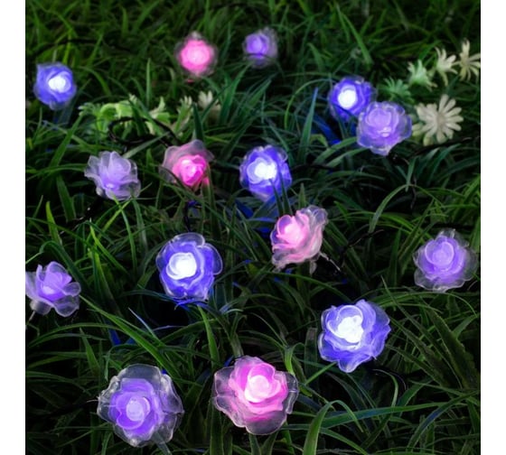 Гирлянда-нить Luazon DECOR, IP44, на солнечной батарее, Роза, 4.5 м, Н.Т. LED-30-1.2V, 2 режима, синий/фиолетовый/розовый 6253342