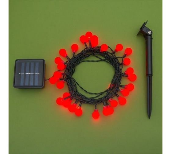 Гирлянда-нить Luazon DECOR, IP44, на солнечной батарее, Шарик, 4.5 м, Н.Т. LED-30-1.2V, 2 режима, красный 4137039 1