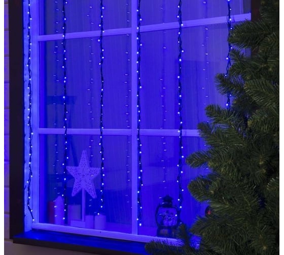 Гирлянда-нить Luazon ВОДОПАД ECO, IP44, 2х1.5 м, темная нить, LED-400-220V, 6 режимов, синий 706329 1