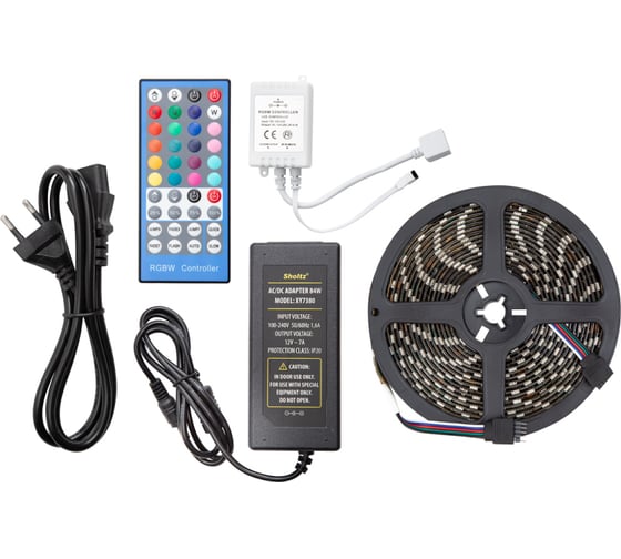 Светодиодная лента Sholtz 72Вт 12В 4000К IP65 RGB+W, 5м, пульт ДУ, адаптер, 7А пластик LSR5113