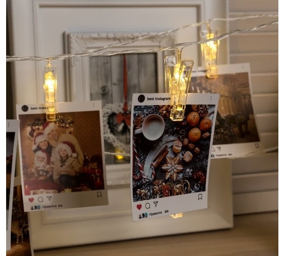 Нить Luazon DCR 4.5 м, с насадками Прищепки, IP20, Н.С. LED-20-220V, фиксинг, теплый белый 4445721