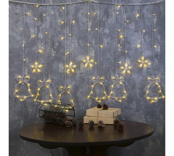 Бахрома Luazon DECOR Колокольчики, IP20, Ш2.4 м, В0.9 м, Н.С. LED-138-220V, 8 режимов, теплый белый 2361708