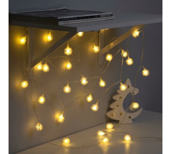 Нить Luazon DCR 5 м, с насадками Ежики Белые, IP20, Н.С. LED-30-220V, 8 режимов, теплый белый 3590693