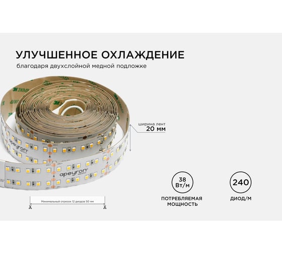 Светодиодная лента Apeyron 24В, 38Вт/м, smd2835, 240д/м, IP20, 3800Лм/м 00-315