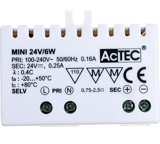 Блок питания AcTEC 24В, 6Вт, IP20, 0.25A, 50x32x18.5мм MINI24V/6W