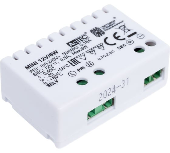 Блок питания AcTEC 12В, 6Вт, IP20, 0.5A, 50x32x18.5мм MINI12V/6W