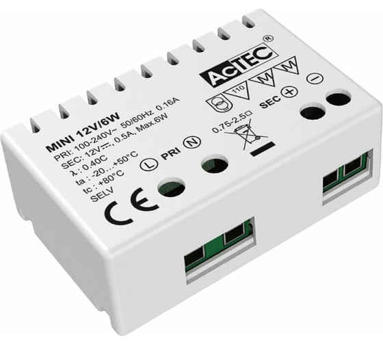 Блок питания AcTEC 12В, 6Вт, IP20, 0.5A, 50x32x18.5мм MINI12V/6W 1