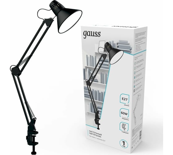 Настольный светильник Gauss модель GTL001 60W 220-240V E27 черный струбцина 1/16 GT0012
