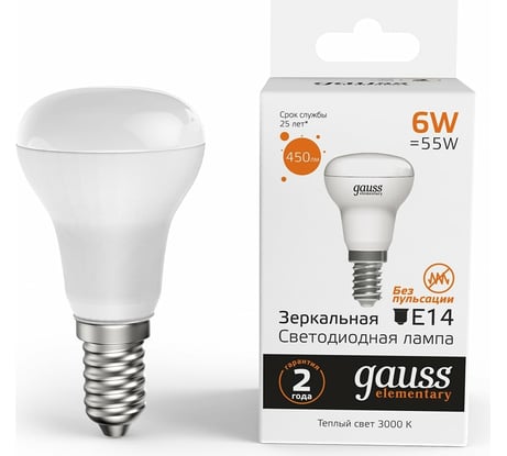 Лампа Gauss Elementary R50 6W 450lm 3000K Е14 LED 63116