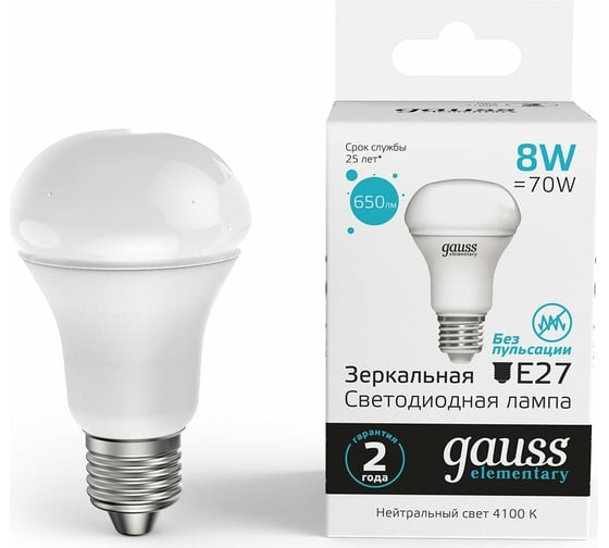 Лампа Gauss Elementary R63 8W 650lm 4100K Е27 LED 1/10/50 63228