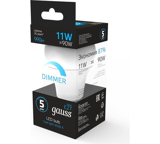 Лампа Gauss A60 11W 990lm 6500К E27 диммируемая LED 102502311-D