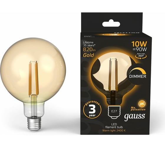 Диммируемая лампа Gauss Filament G125 10W 820lm 2400К Е27 golden LED 1/20 158802010-D