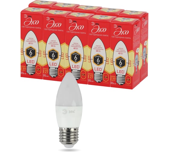 Набор лампочек ЭРА RED LINE ECO LED B356W827E27 светодиодные (В) Е27 / E27 6 Вт свеча, теплый белый свет, 10 шт Б0056667 1