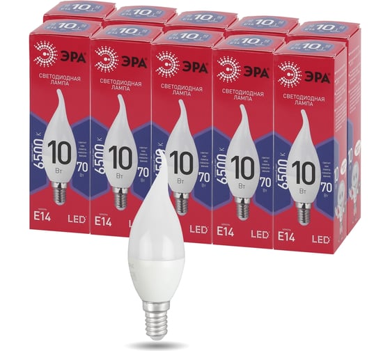 Набор лампочек ЭРА RED LINE LED BXS10W865E14 R светодиодные (EC) Е14/E14 R 10Вт свеча на ветру, 10 шт Б0056764 1