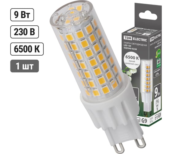 Светодиодная лампа TDM ELECTRIC G9-9 Вт-230 В-6500 К, SMD, 21,5x70,5 мм SQ0340-0230