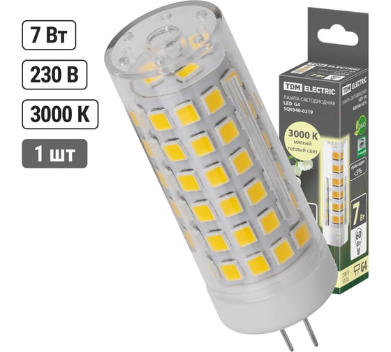 Светодиодная лампа TDM ELECTRIC G4-7 Вт-230 В-3000 К, SMD, 18,5x57 мм SQ0340-0219