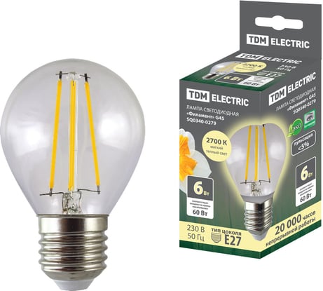 Светодиодная лампа TDM ELECTRIC "Филамент" G45-6 Вт-230 В-2700 К–E27 SQ0340-0279